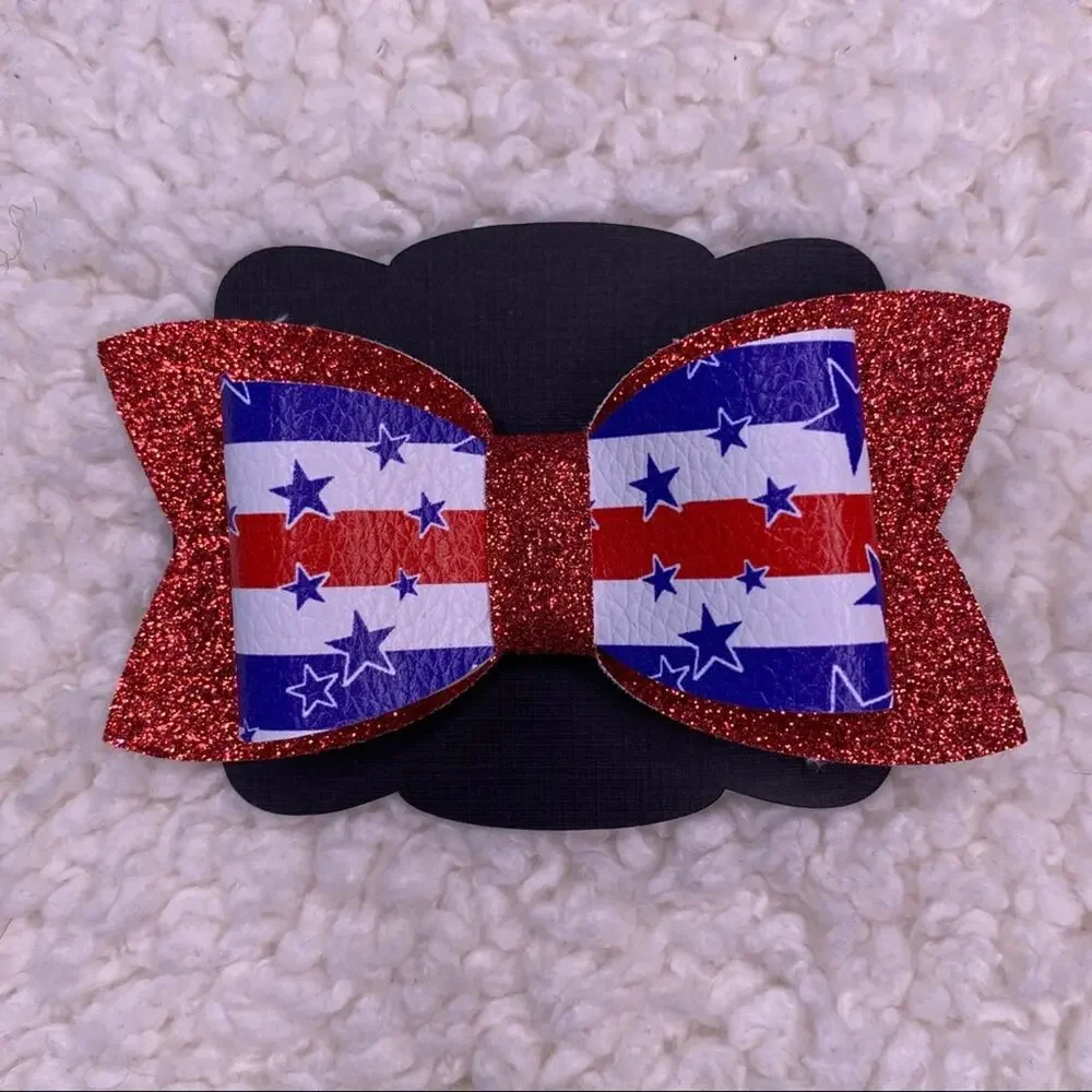 4th of July Faux Leather Glitter Small Bow